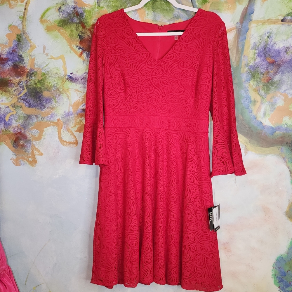 NWT Nine West Lace Overlay Midi Dress with Flared Sleeves.